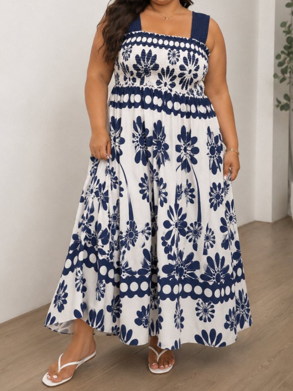 Shein Blue Off White Floral Smocked Maxi Dress Beachy Vacation Cruise Resortwear